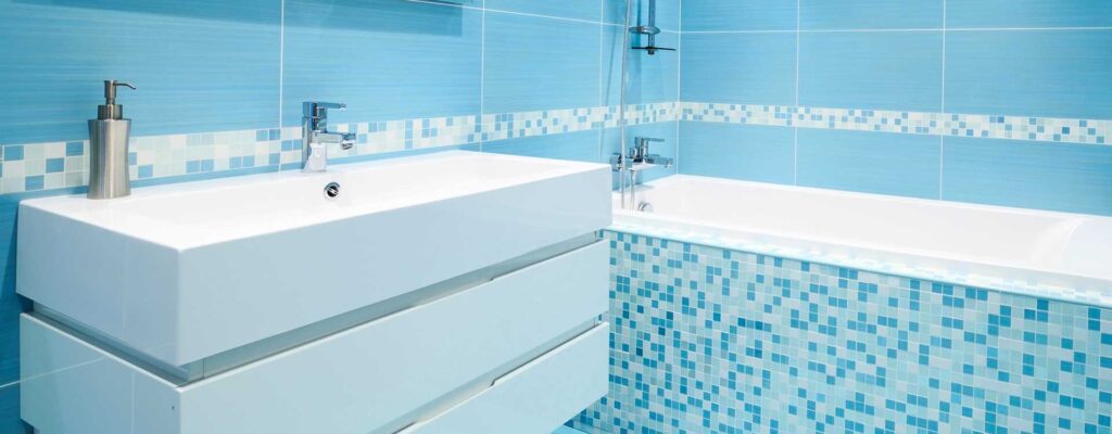 Modern luxury bathroom blue interior.